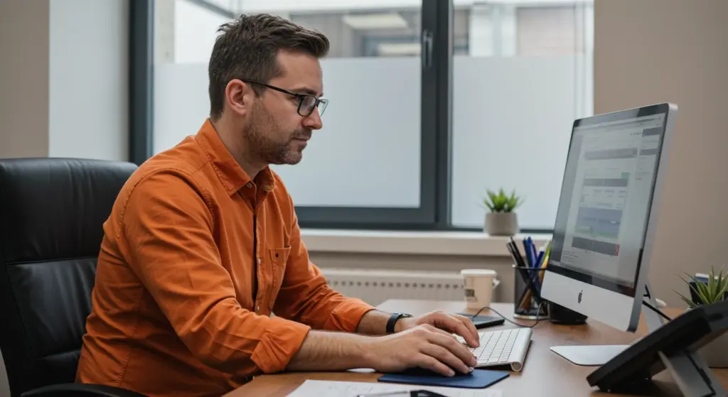 Homem trabalhando no computador em um escritório moderno, auxiliando na gestão de obrigações do eSocial para empresas.