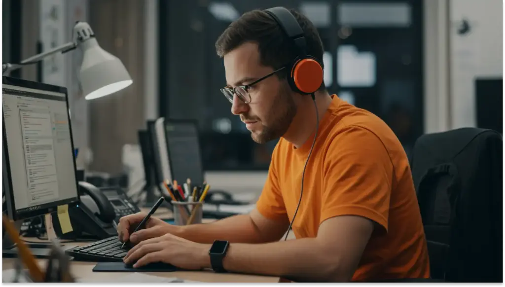 Homem de escritório trabalhando com computador, usando fones de ouvido e fazendo anotações, ambiente de trabalho moderno e produtivo.