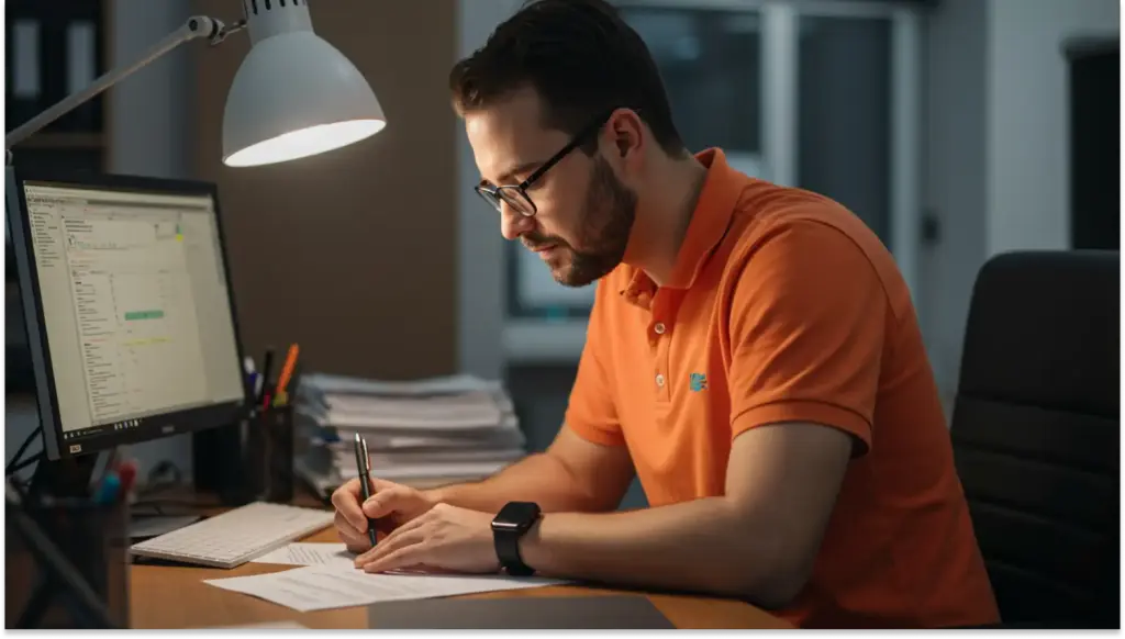 Homem trabalhando em escritório com computador, usando óculos e concentrado, em ambiente profissional organizado, focado em tarefa importante.