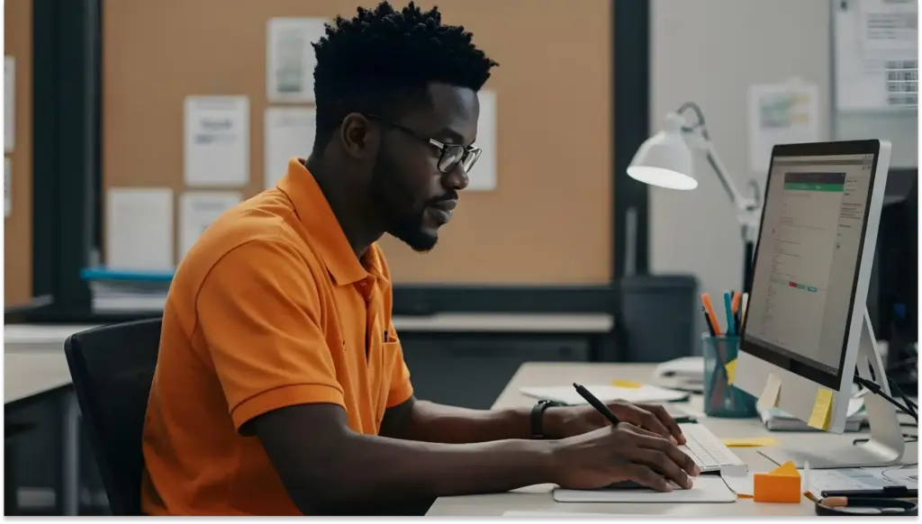 Homem de pele escura, com cabelo crespo e barba, trabalhando em escritório moderno com computador, anotações e objetos de trabalho ao redor.