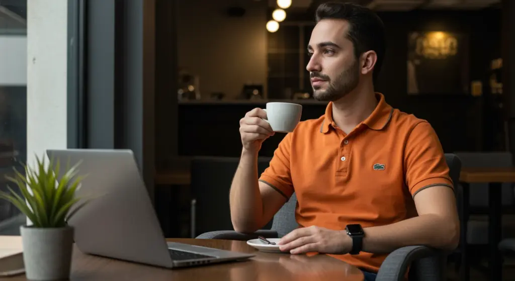 Homem de camiseta laranja trabalhando, com foco na interjornada e intrajornada, em ambiente de escritório, usando computador portátil e tablet.