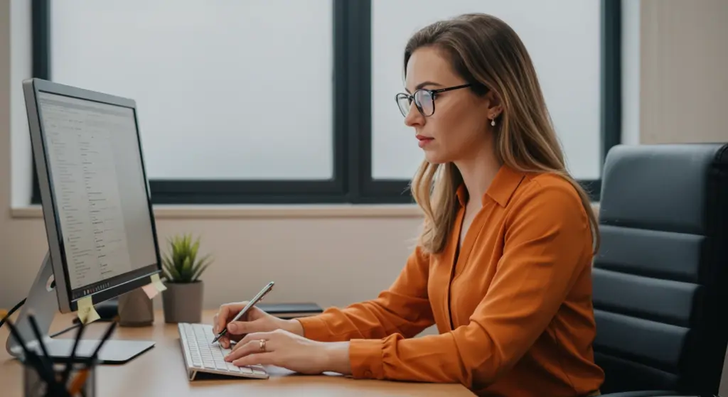 Mulher trabalhando no computador em ambiente de escritório, com foco em tarefas relacionadas ao eSocial, sistema obrigatório para informações trabalhistas e fiscais.