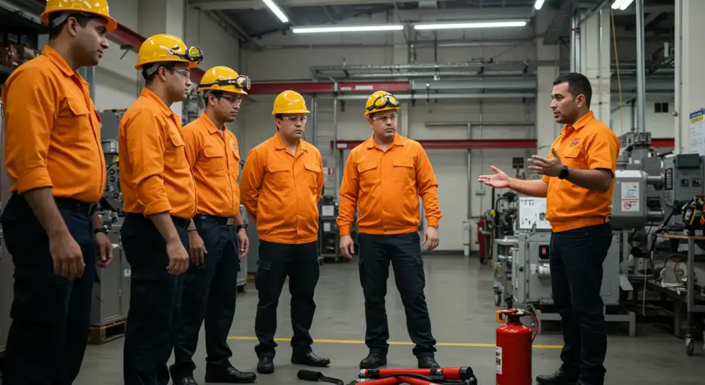 Instrutor de segurança ensina equipe de trabalho sobre periculosidade em ambiente industrial, destacando a importância de equipamentos de proteção e procedimentos de segurança.