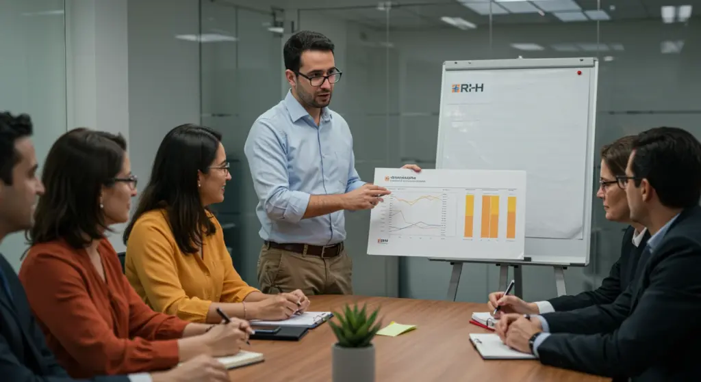 Homem apresentando informações sobre Imposto de Renda 2026, mudanças, tabela e cálculo em reunião de negócios com equipe