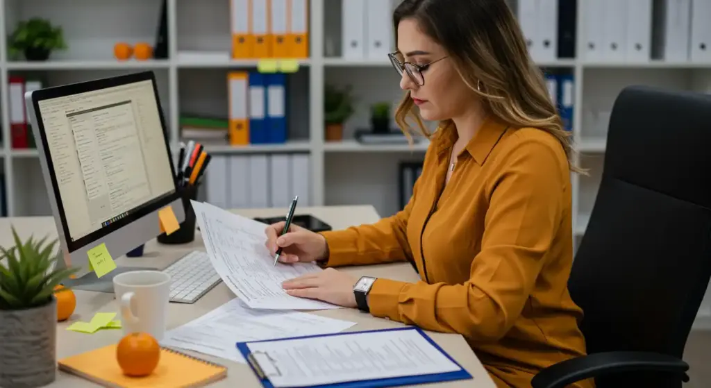 Mulher analisando documentação de Imposto de Renda 2026 em escritório, com tabela e cálculos para declaração e mudanças na tabela.