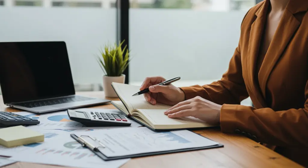 Pessoa analisando documentos e tabela de Imposto de Renda 2026 em um ambiente de escritório, com laptop e calculadora ao lado.