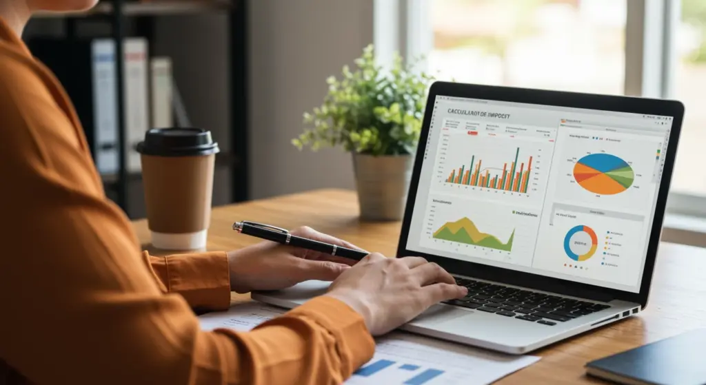 Pessoa analisando planilhas e gráficos sobre Imposto de Renda 2026, tabela e cálculo no computador