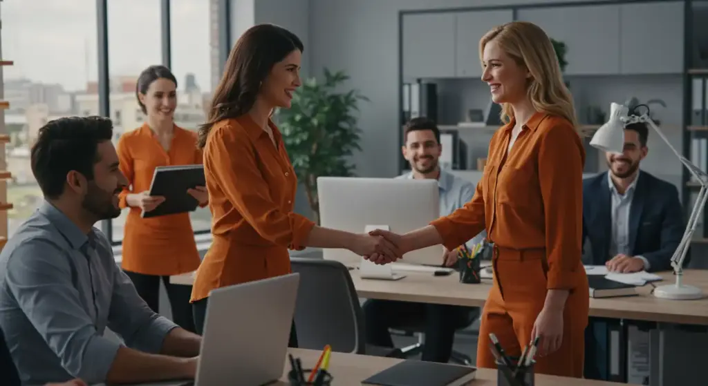 Mulher grávida recebendo licença-maternidade no trabalho, enquanto uma colega a parabeniza e uma equipe de colegas presentes na reunião comemora a notícia.