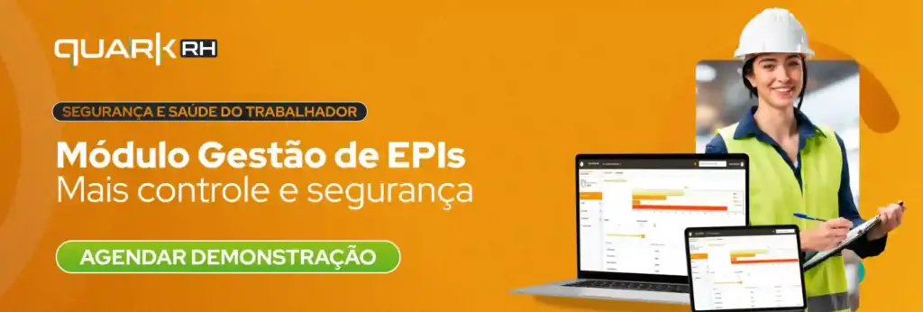 Banner do módulo Gestão de EPIs da Quark RH destacando controle e segurança no trabalho, com imagens de uma mulher engenheira e telas de software.
