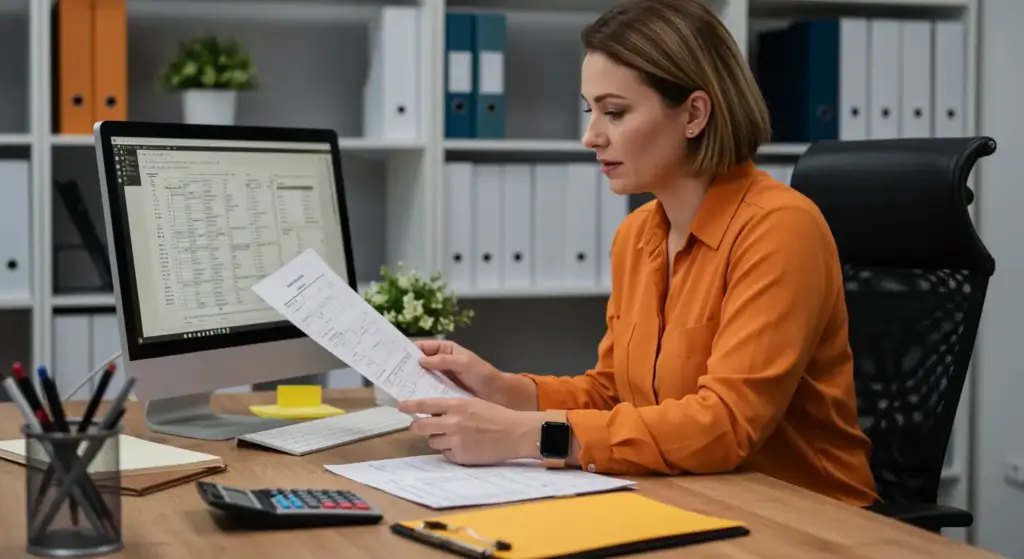 Mulher analisando documentos financeiros no escritório para o benefício do salário-família 2025, com foco na organização e planejamento.