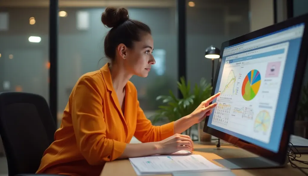 Mulher analisando resultados de teste DISC em gráficos no computador, em ambiente de escritório moderno.