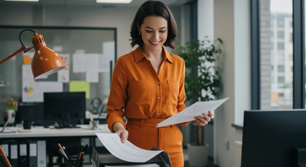 Mulher empresária sorridente no escritório segurando documentos, representando o direito à licença-maternidade para trabalhadoras.
