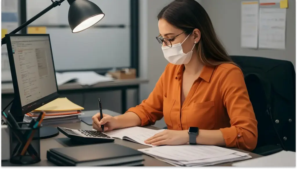Mulher estudando ou trabalhando em escritório, usando máscara facial, com computador, caderno e documentos. Ambiente de escritório com luz adequada.
