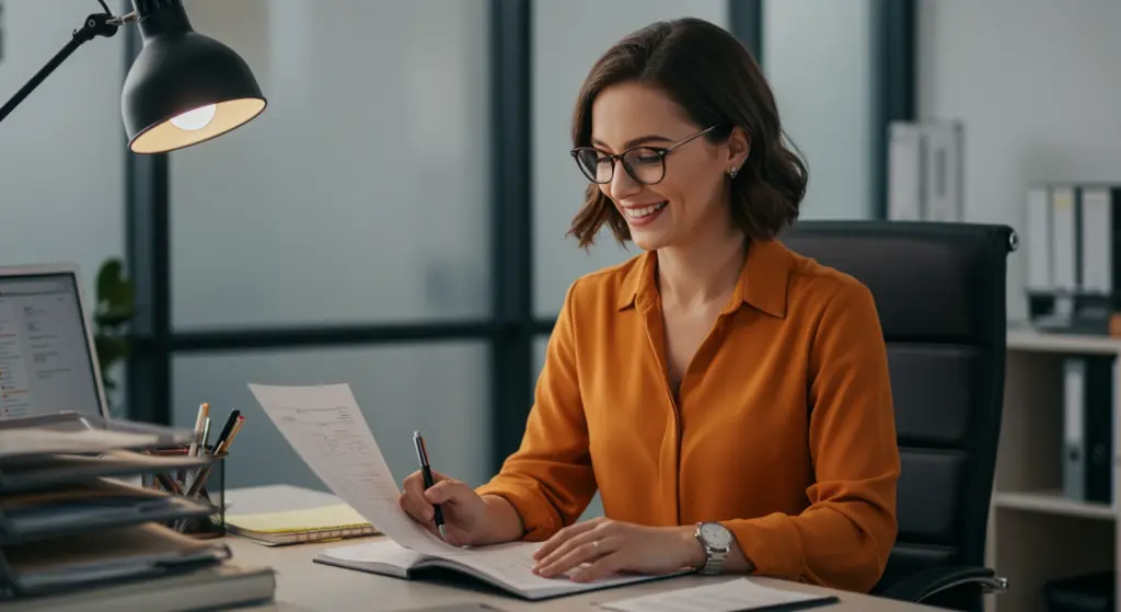 Mulher profissional sorrindo enquanto revisa documentos no escritório, simbolizando direitos trabalhistas e licença-maternidade.