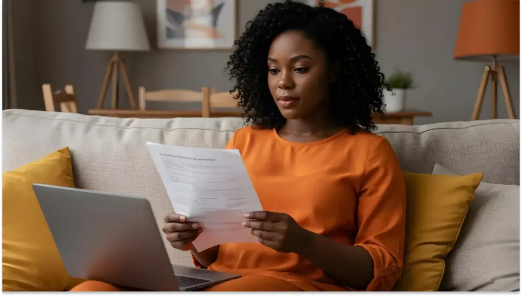 Mulher negra de cabelo cacheado, usando blusa laranja, sentada no sofá de casa, analisando documentos enquanto trabalha com laptop, casa moderna ao fundo.