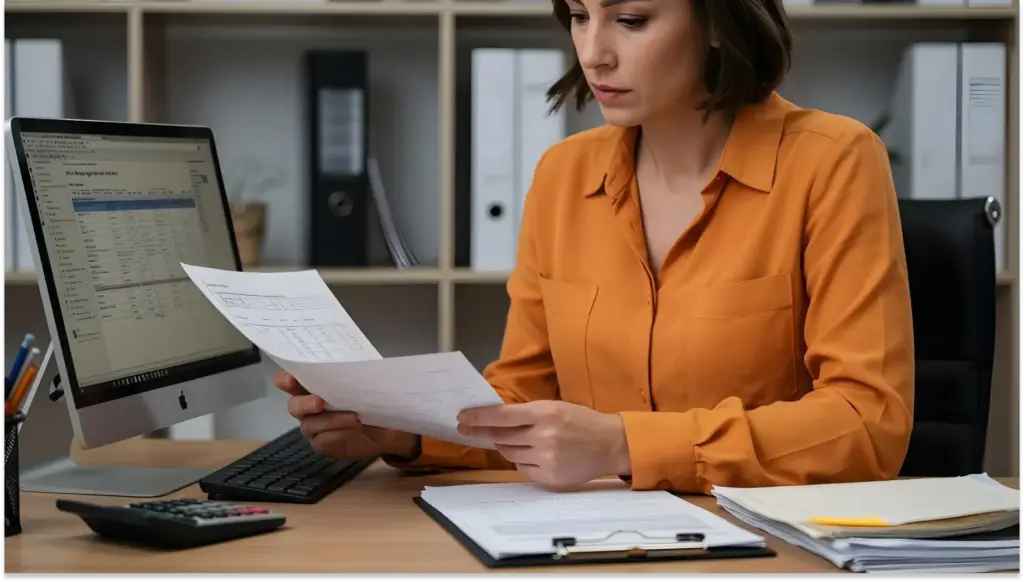 Mulher de cabelos castanhos escuros e camisa laranja sentada em escritório, analisando documentos com computador e materiais de escritório ao redor.