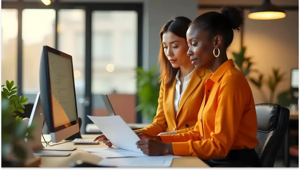 Duas mulheres profissionais analisando documentos e trabalho em um ambiente de escritório moderno e bem iluminado.