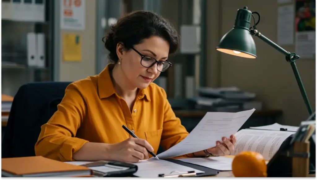 Mulher de óculos e cabelo cacheado, vestindo blusa laranja, estudando e analisando documentos em escritório organizado com iluminação de LED.
