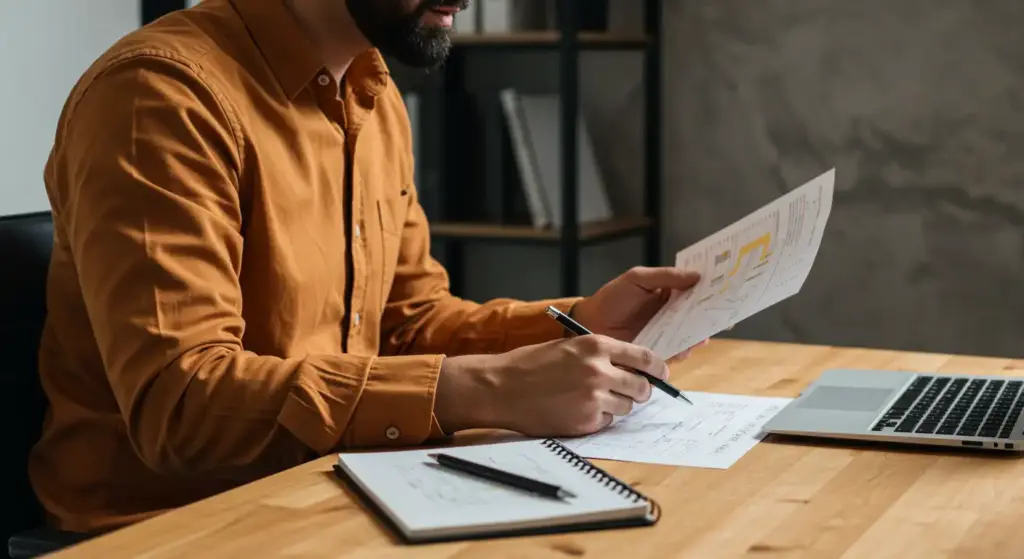 Homem analisando holerite na mesa de escritório com laptop e caderno