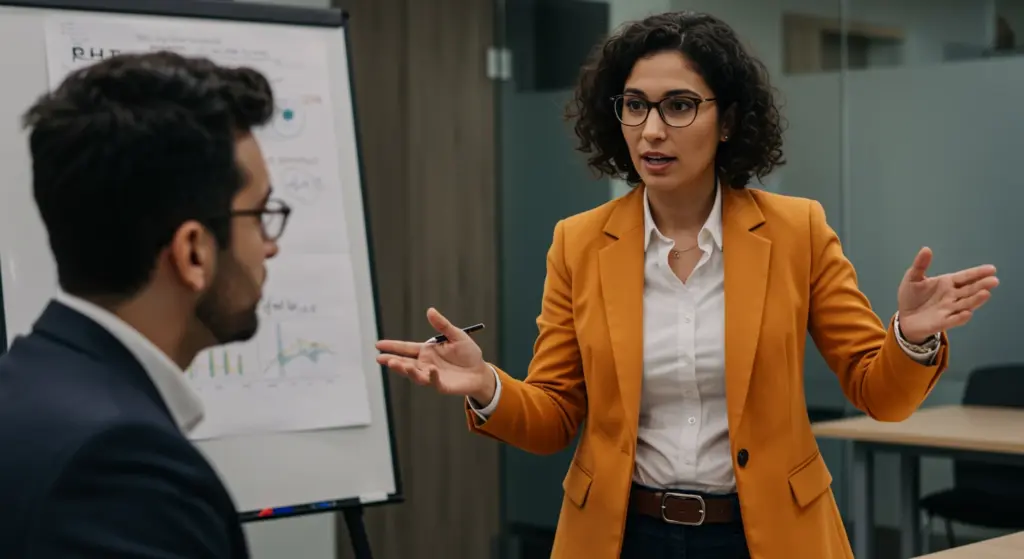 Mulher explicando o que é holerite durante uma reunião de negócios, com um colega sentado e quadro branco ao fundo, em um ambiente profissional.