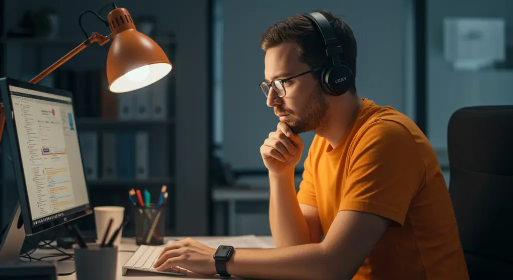 Homem analisando holerite no computador, explicando o que é holerite e sua importância para os trabalhadores, em ambiente de escritório.