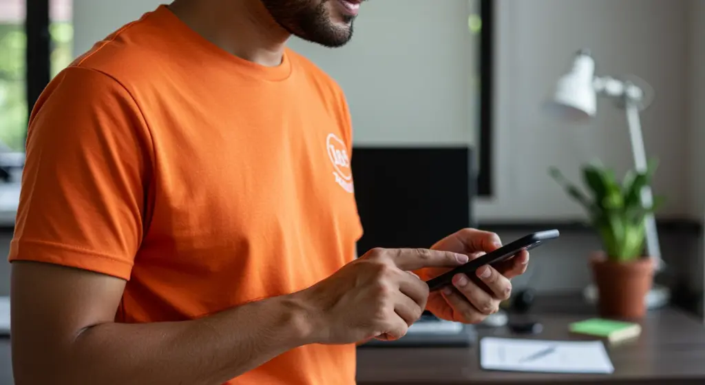 Homem utilizando smartphone em ambiente de escritório, destacando a importância do holerite e sua consulta digital.