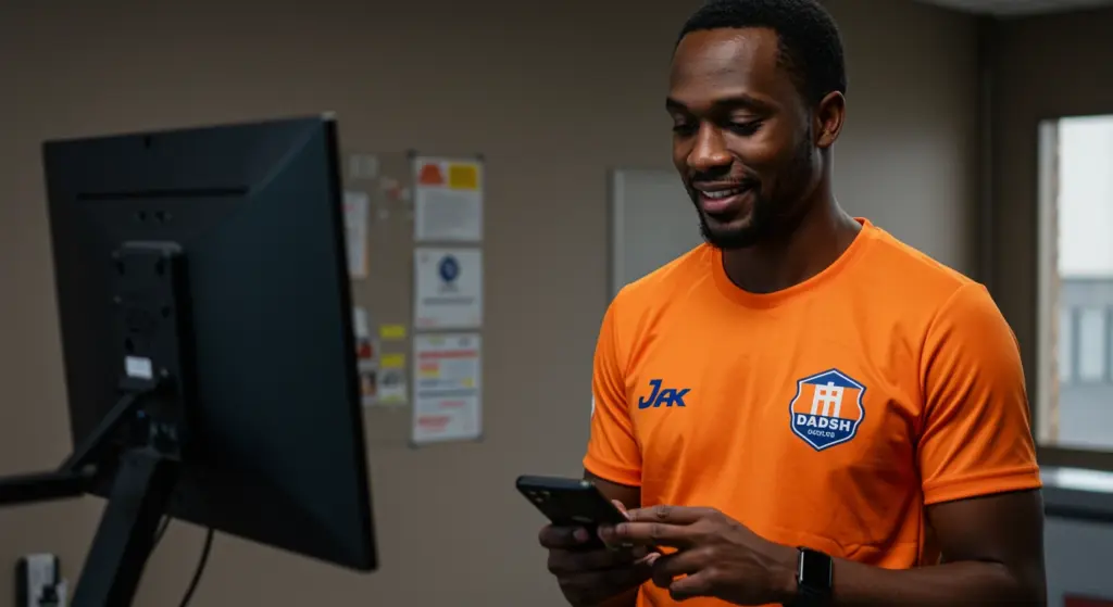 Homem usando camiseta laranja com logo de empresa, olhando para o celular e sorrindo, no ambiente de escritório com monitor e parede no fundo.