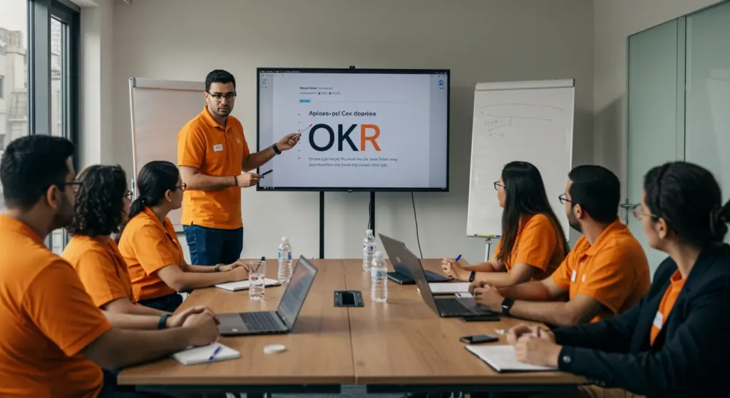 Reunião de equipe discutindo objetivos e resultados-chave com apresentação sobre 'O que é OKR' em uma sala de reuniões moderna.
