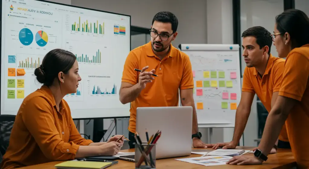 Equipe de profissionais discutindo estratégias de OKRs em reunião, com gráficos e metas de negócios exibidos em telas de monitoramento.