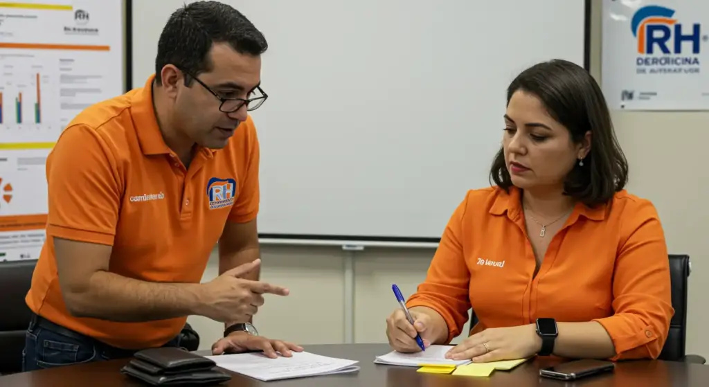 Profissional de Recursos Humanos orienta funcionário sobre aviso-prévio, regras e prazos em reunião empresarial.