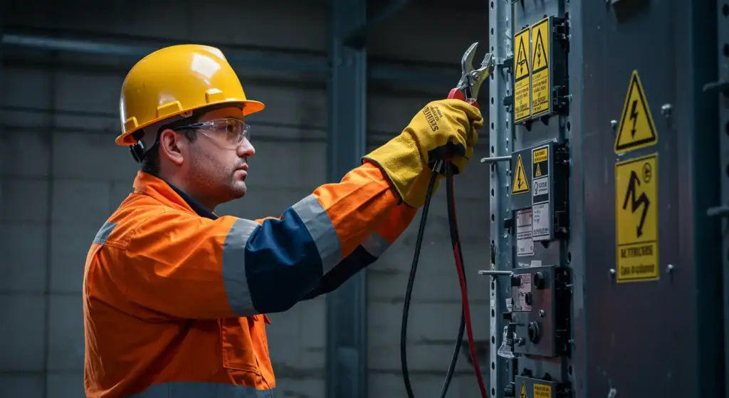 Trabalhador de manutenção elétrica usando equipamentos de proteção ao trabalhar em painel de alta tensão em ambiente industrial, destacando os riscos de periculosidade.