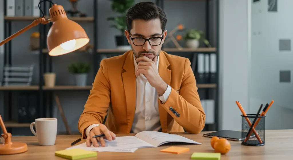 Homem pensativo planejando uma escala de trabalho em ambiente de escritório, com papéis, laptop e materiais de escritório ao redor.