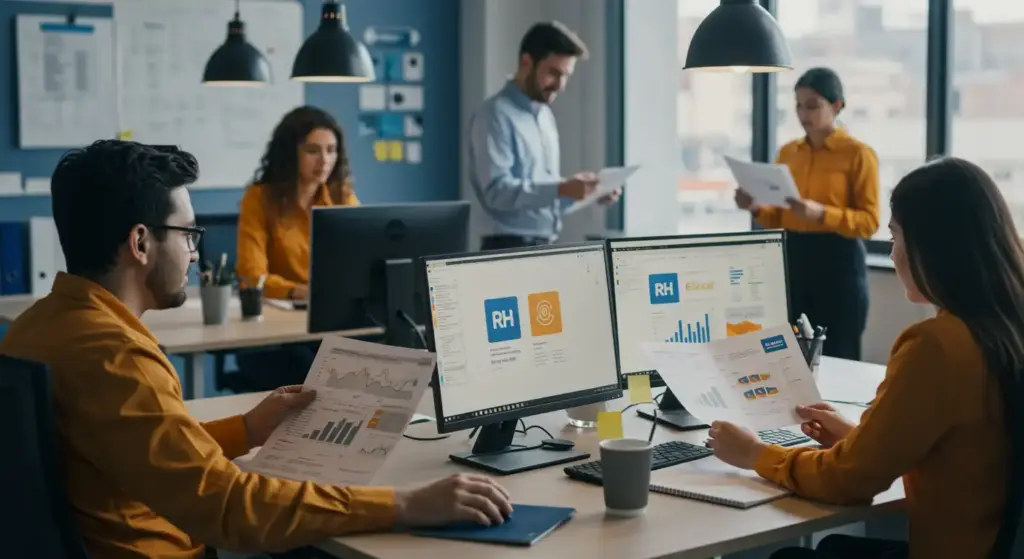 Profissionais de escritório analisando dados e relatórios em computadores, com foco na implementação e gestão do eSocial.