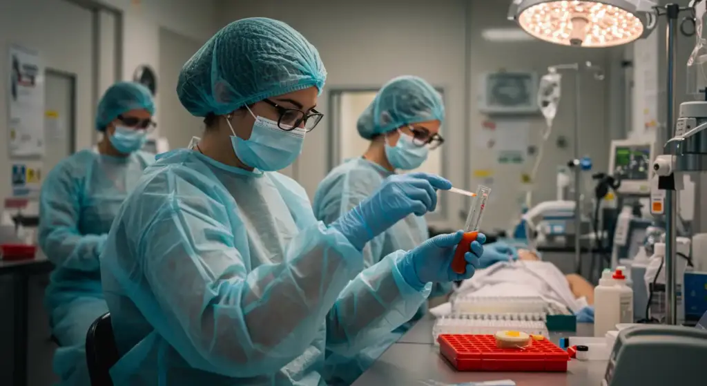 Profissionais de saúde em ambiente hospitalar, utilizando equipamentos de proteção individual, lidando com instrumentos cirúrgicos e procedimentos médicos, destacando a importância da insalubridade na área da saúde.