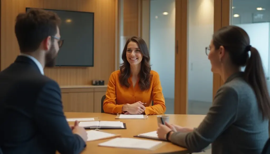 Reunião de equipe de Recursos Humanos com profissionais conversando em escritório moderno, discutindo estratégias de gestão de pessoas e desenvolvimento de talentos.