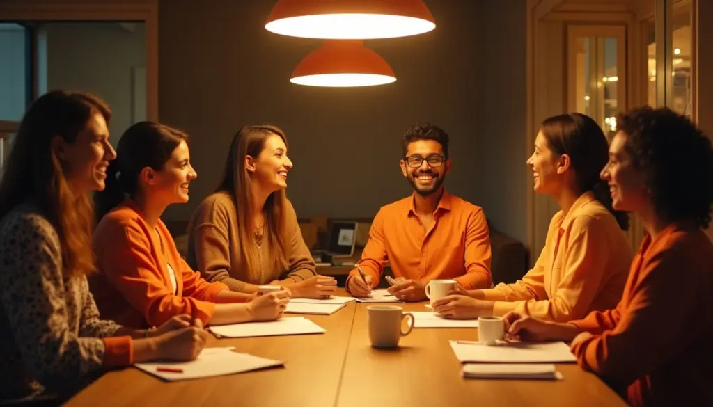 Equipe de Recursos Humanos em reunião descontraída e colaborativa, promovendo diálogo e integração entre os profissionais.