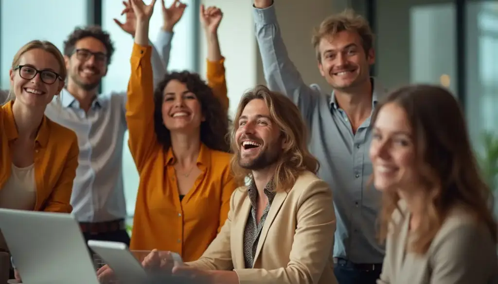 Grupo de profissionais de Recursos Humanos em reunião, sorrindo, celebrando e interagindo em um ambiente de escritório moderno e colaborativo.