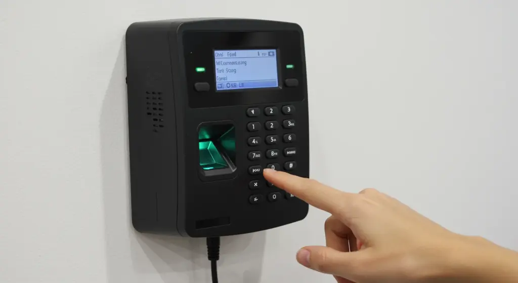 Pessoa usando um relógio de ponto digital com tela de controle, teclado numérico e leitor de impressão digital, instalado na parede de escritório.