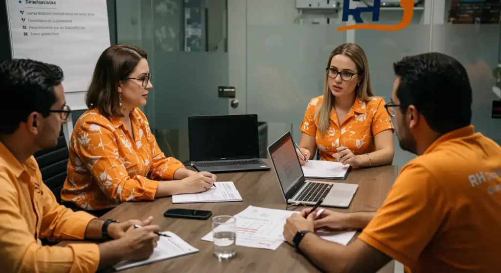 Reunião de profissionais discutindo sobre interjornada e intrajornada em ambiente de escritório, com laptops, documentos e uma discussão colaborativa.