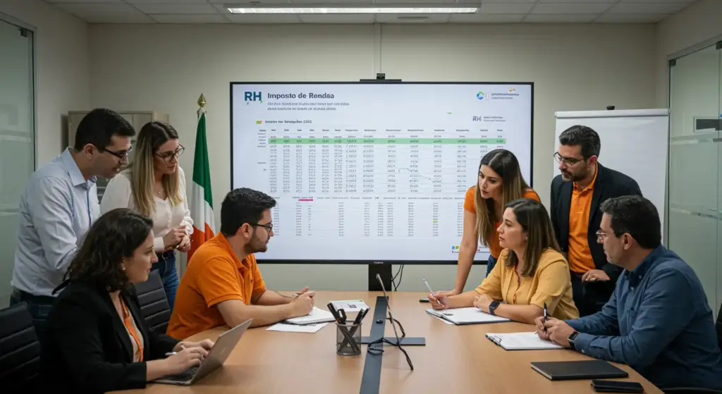 Reunião de equipe analisando tabela do Imposto de Renda 2026 em sala de reunião com tela grande e documentos no escritório.
