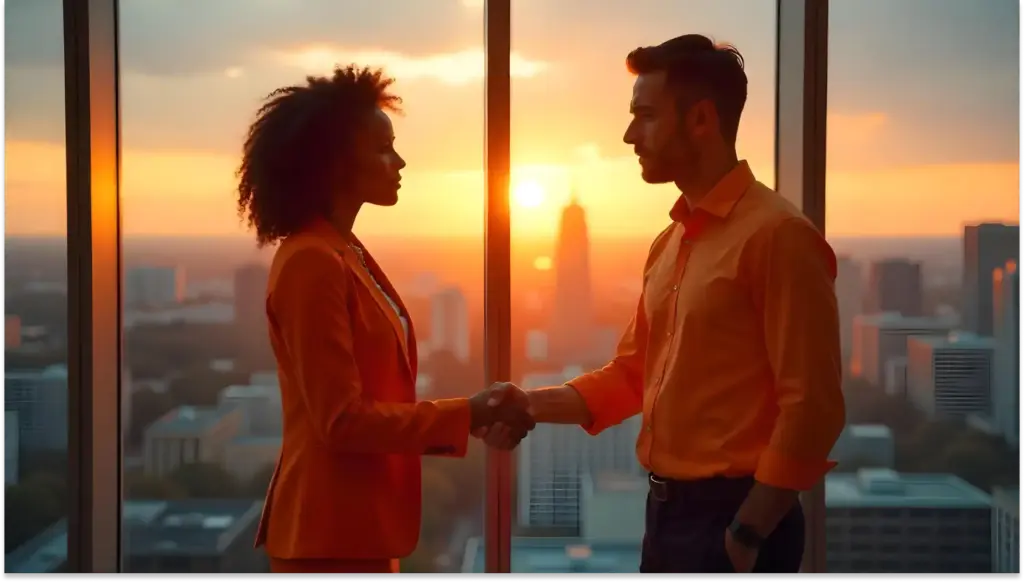 Homem e mulher de negócios se cumprimentando em ambiente corporativo com vista para a cidade ao pôr do sol, transmitindo profissionalismo e parceria.