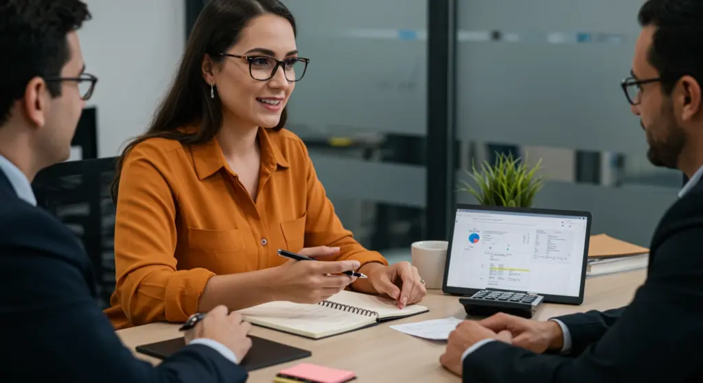 Reunião de negócios discutindo sobre periculosidade no local de trabalho, com profissionais atentos e trocando informações.