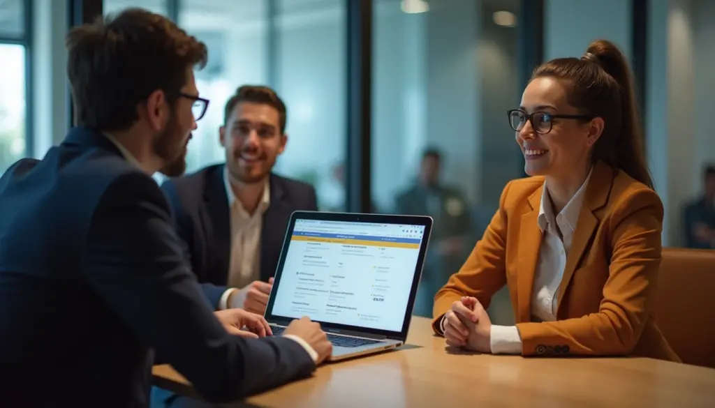Reunião de negócios com pessoas discutindo resultados de teste DISC em ambiente corporativo moderno.