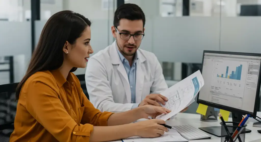 Imagem de um profissional discutindo documentos financeiros com uma mulher em ambiente de escritório, com gráficos de dados na tela do computador, relacionados ao salário-família 2025.