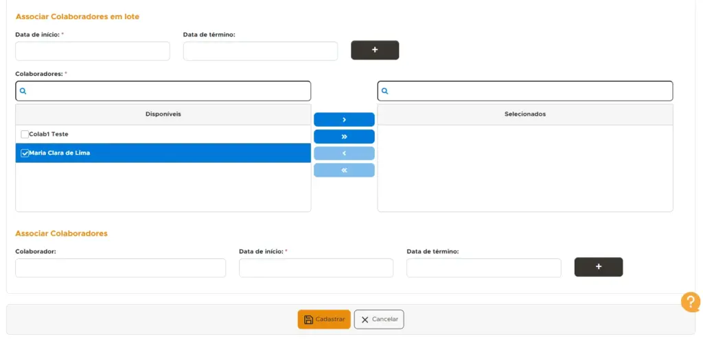 Melhorias de setembro. Tela de sistema para associar colaboradores em lote, exibindo campos de data, listas de colaboradores disponíveis e selecionados, com interface de busca e botões de ação.