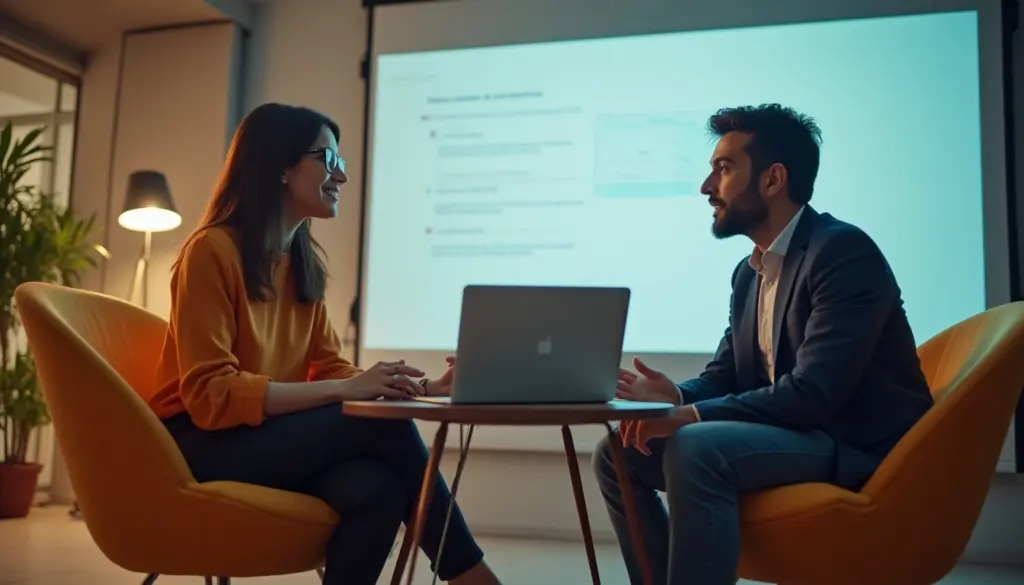 Dupla de profissionais realizando uma avaliação de teste DISC em um ambiente de escritório com apresentação de slides ao fundo.