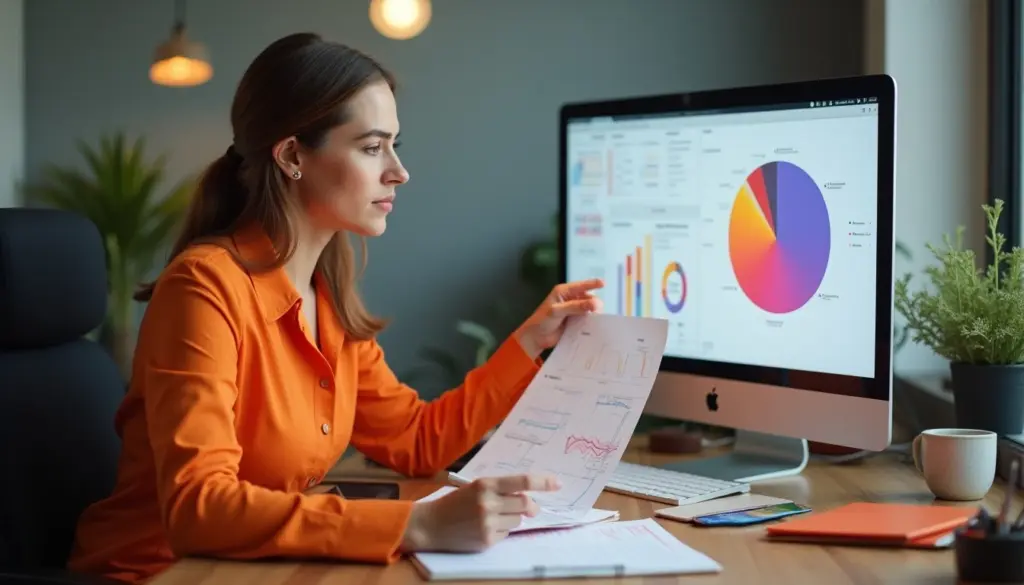 Mulher analisando resultados de um teste DISC em gráficos no computador e papel, com foco na importância do teste DISC para autoconhecimento e desenvolvimento pessoal.