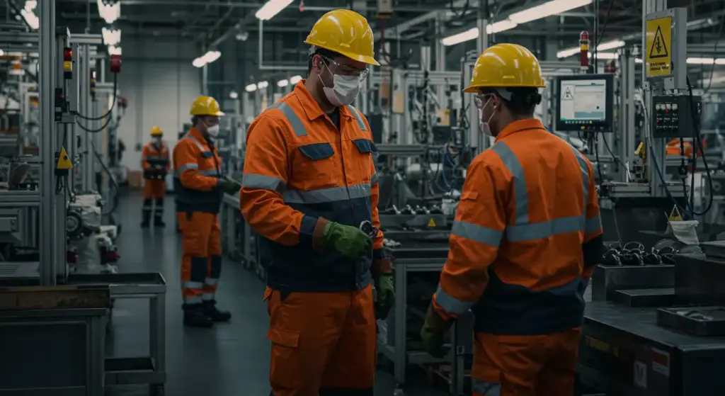 Trabalhadores usando Equipamentos de Proteção Individual (EPIs) em ambiente industrial, destacando os cuidados com a insalubridade no local de trabalho.