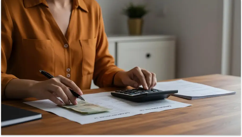 Pessoa realizando cálculos financeiros e preenchendo documentos de forma organizada na mesa, usando uma calculadora e uma caneta.