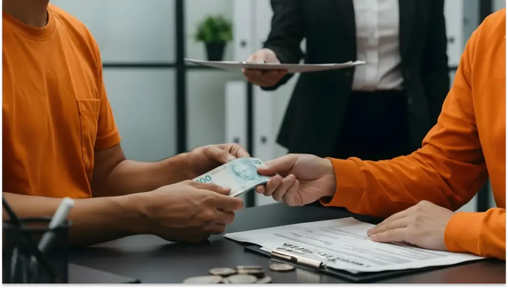 Pessoa recebendo pagamento do seguro-desemprego em dinheiro durante uma transação financeira em escritório moderno, com um contrato na mesa ao lado e uma pessoa ao fundo segurando uma pasta.